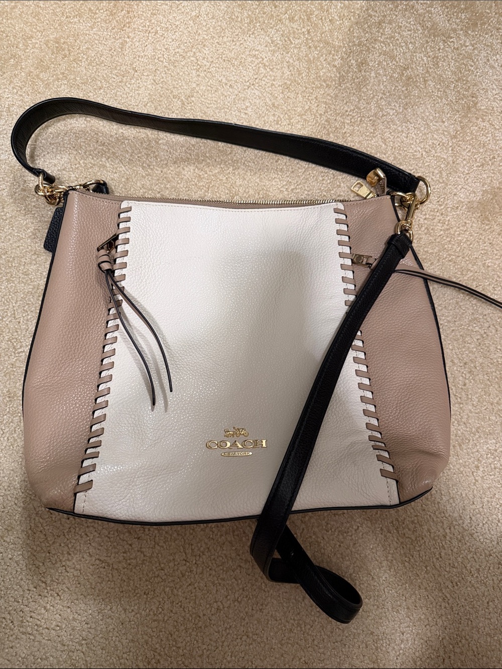 Coach Two-Tone Pebble Leather Shoulder Bag in White, Beige & Black
